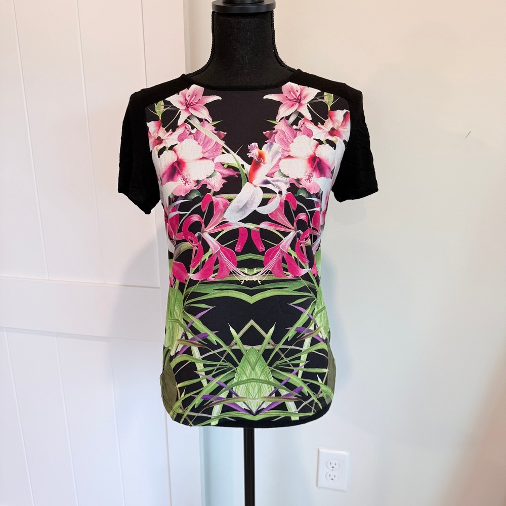 Ted Baker London Sew In Love Floral Print Short Sleeve Top Black Pink